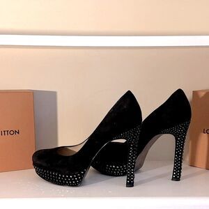 Joan & David Women Platform Heels Suede Leather Studs Rhinestones Black Size 8